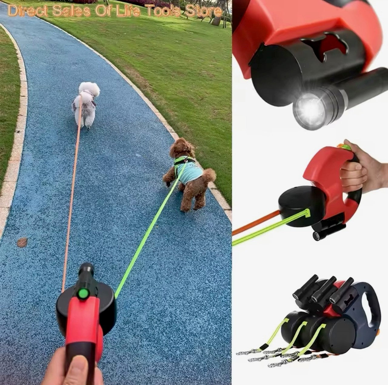 Dual anti-tangle pet lead with LED light